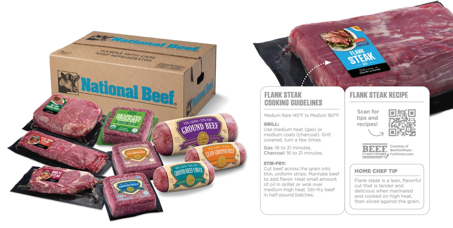 National Beef Retail Ready products including steaks, roasts and ground beef, with flank steak packaging featuring cooking guidelines and a QR code for recipes