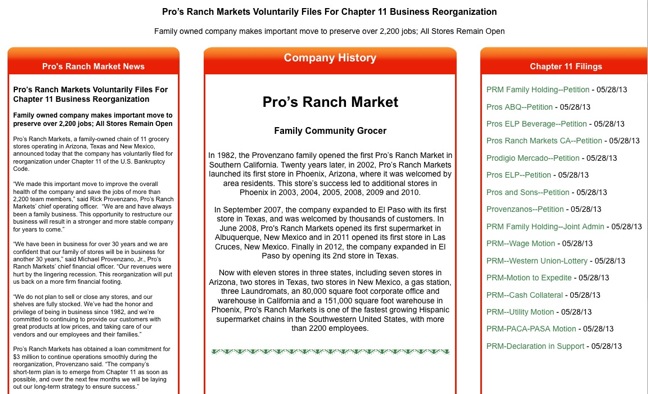 Pro's Ranch informational site regarding Chapter 11 filing