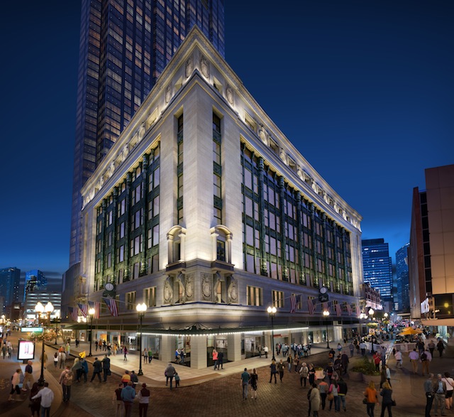 Here is a nighttime scene of the historic Millenium Tower Burnham Building in downtown Boston, the location of a Roche Bros. Supermarket that will open April 29.