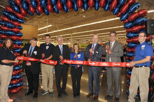 Store Director Mark Campbell, Co-Chairman Hank Meijer, President J.K. Symancyk, Mayor Duke Bennett and Meijer team members cut the ribbon at the Terre Haute Meijer's grand opening celebration.