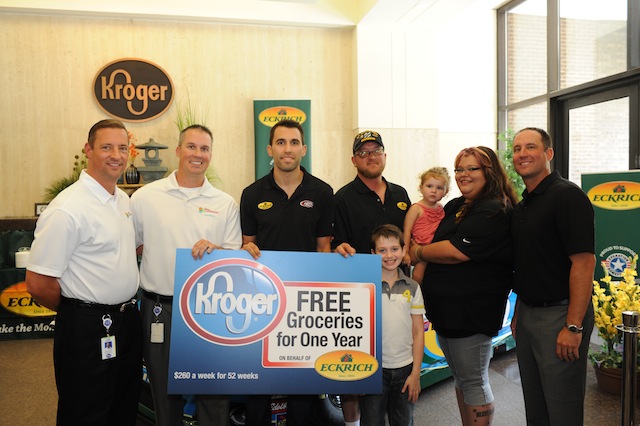 Eckrich on Aug. 4 hosted NASCAR driver Aric Almirola at Kroger's headquarters to surprise retired Army Spc. John Dietz and his family with one year of free groceries at Kroger.