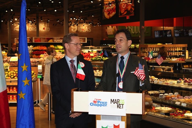 Jerry Golub of Golub Corp. and Italian Trade Commissioner Maurizio Forte celebrate a new partnership to bring more authentic Italian products to Price Chopper Supermarkets and Market 32.