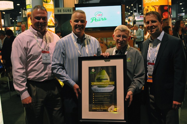 Pictured at the award ceremony during PMA Fresh Summit on Saturday were Steve O’Malley, Wegmans' produce and floral group manager; Charlie Gardner, Wegmans' pear produce category merchant; Bob Koehler, regional marketing manager, Pear Bureau Northwest; and Dave Corsi, Wegmans' VP of produce and floral operations.