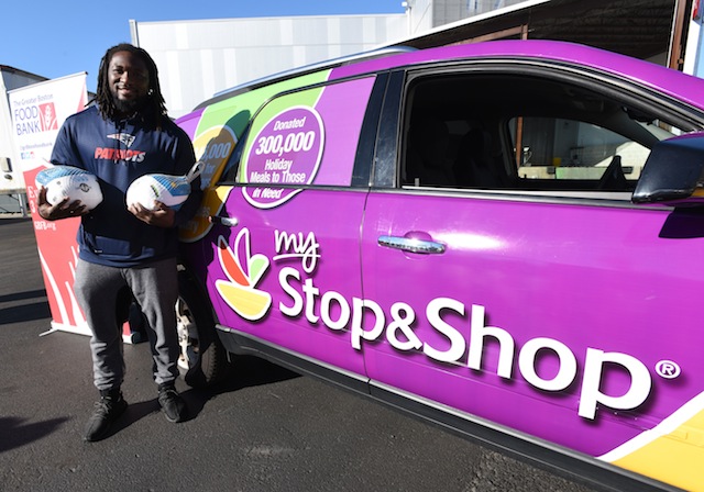 New England Patriots running back LeGarrette Blount teamed with Stop & Shop to deliver more than 7,000 turkeys to the Greater Boston Food Bank as part of the supermarket’s Turkey Express program.