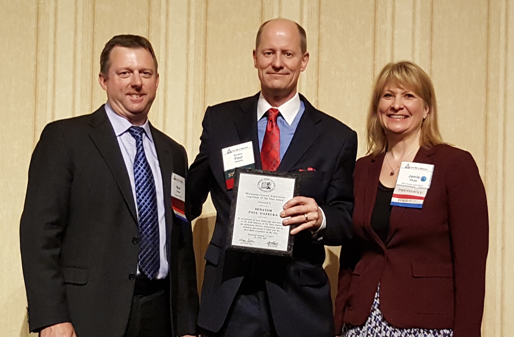 MGA Board Chairman Mark Collier, Sen. Paul Gazelka (R-Nisswa) and MGA President Jamie Pfuhl.