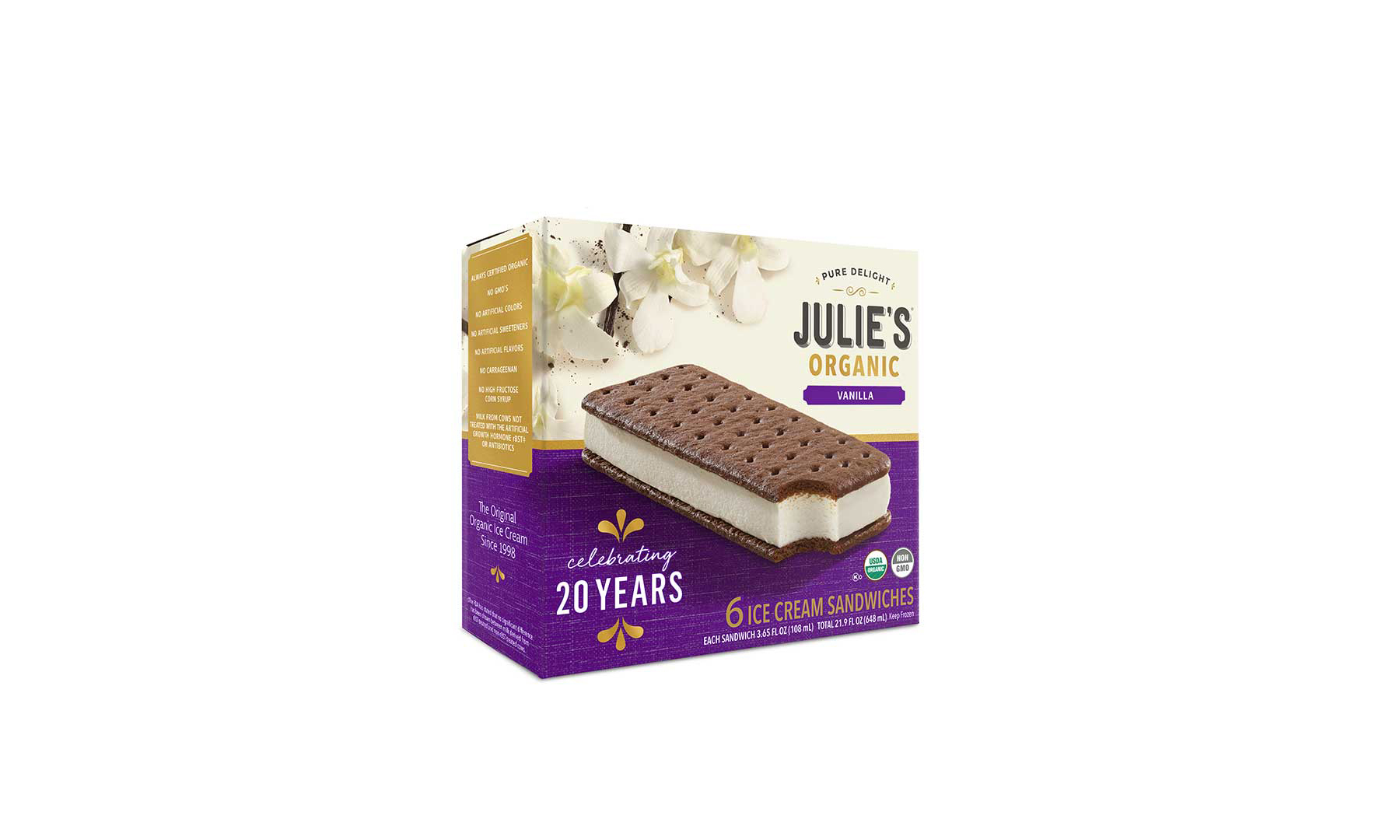 The new packaging for Julie's 20th anniversary ice cream sandwiches.