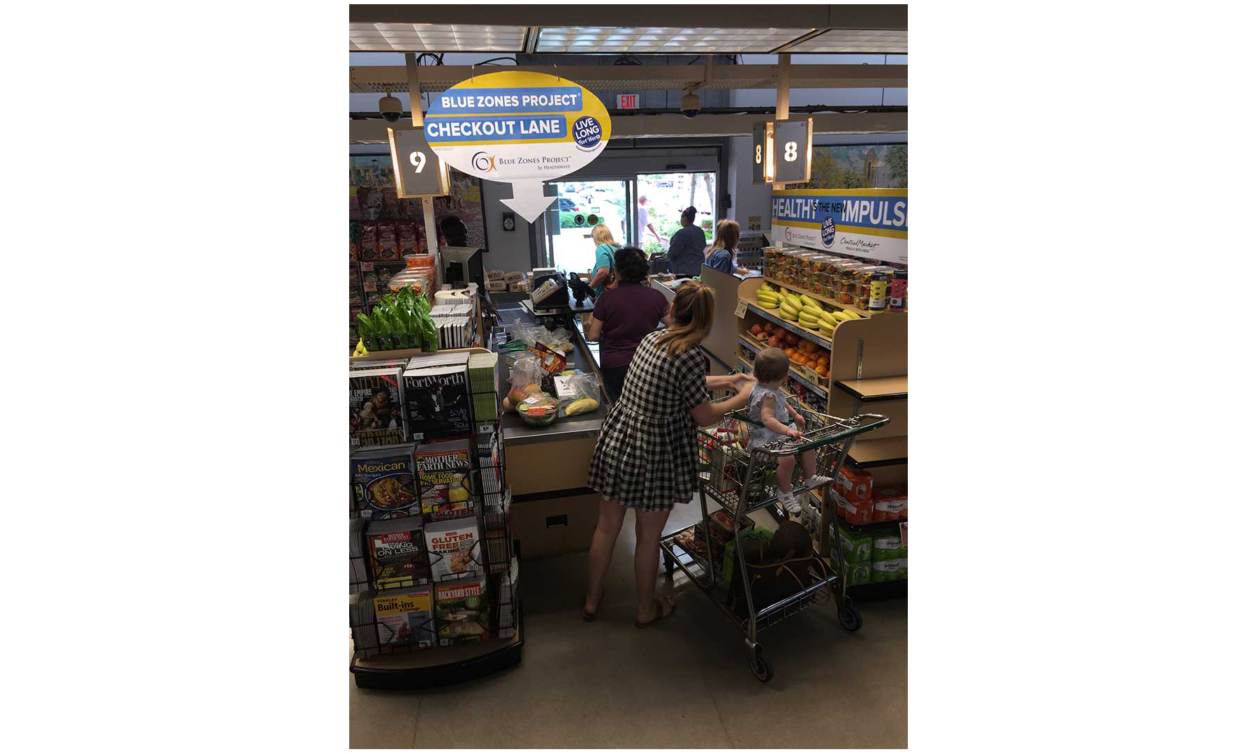 A Central Market Blue Zone checkout lane.