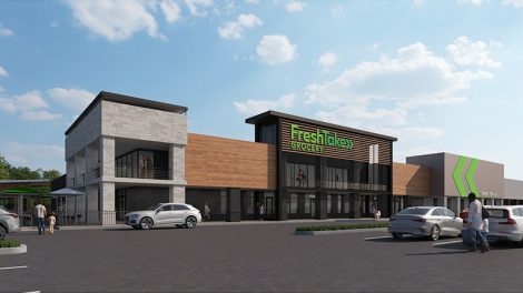 An exterior mark up of FreshTake, a brand-new grocery store concept, in Augusta, Georgia.