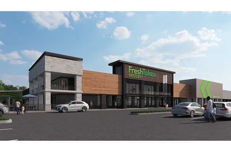 An exterior mark up of FreshTake, a brand-new grocery store concept, in Augusta, Georgia.