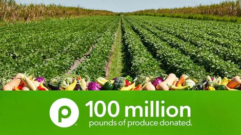 Publix logo with photo of field to celebrate 100-million pound produce donation milestone