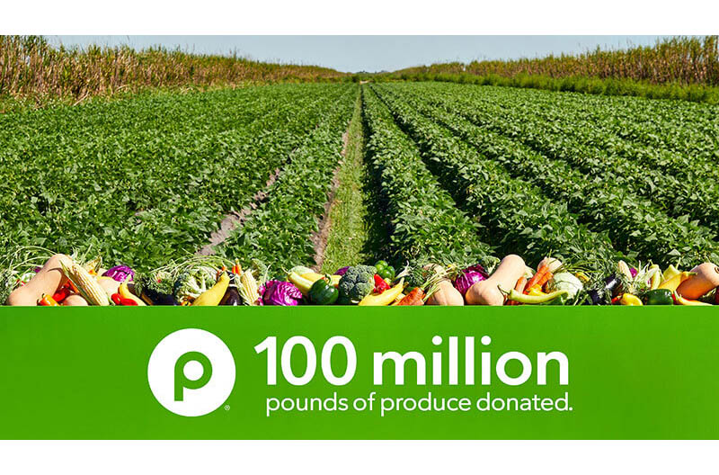 Publix logo with photo of field to celebrate 100-million pound produce donation milestone