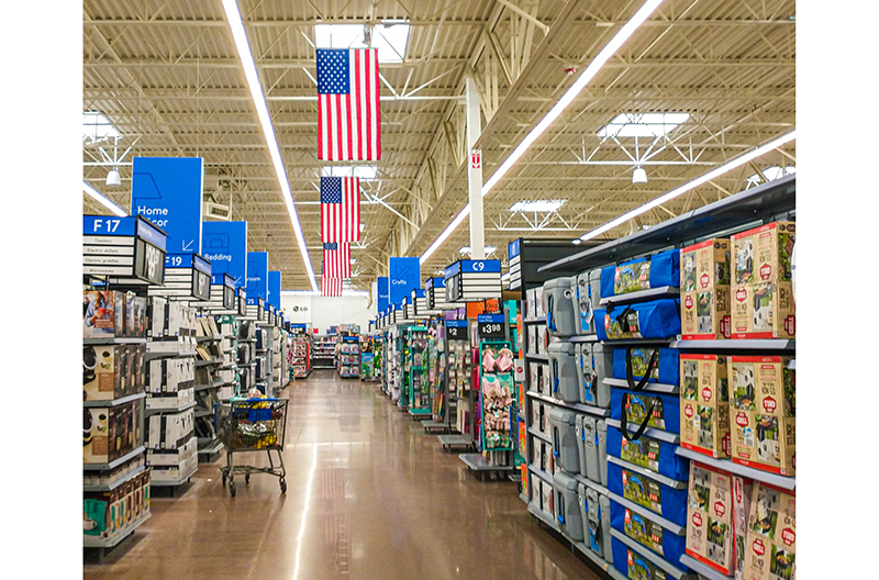 Walmart has American flags on display to maximize Fourth of July sales.