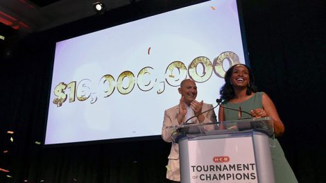 Photo of fundraising total on screen at H-E-B Tournament of Champions event