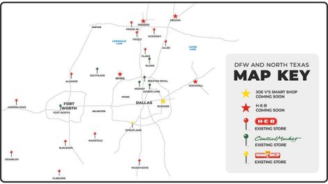 map of H-E-B locations in North Texas showing Irving site