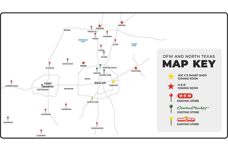 map of H-E-B locations in North Texas showing Irving site