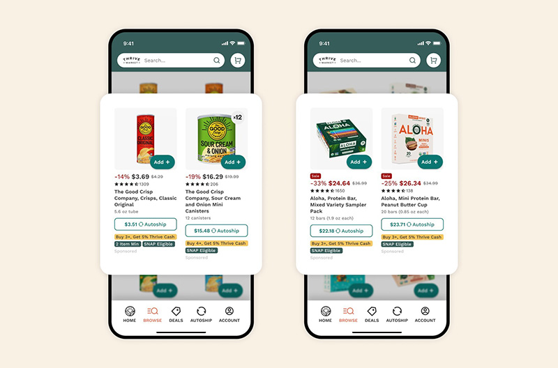 Brands, like Aloha and The Good Crisp pictured here, will soon be able to run campaigns leveraging Instacart's sponsored product and display advertising solutions on Thrive Market's website and app.