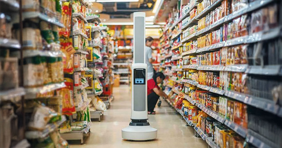 image of Simbe's Tally robot in grocery store aisle