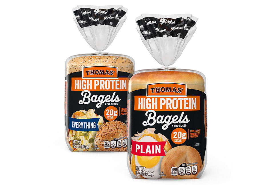 Thomas' High Protein Bagels are available in two classic flavors — Plain and Everything