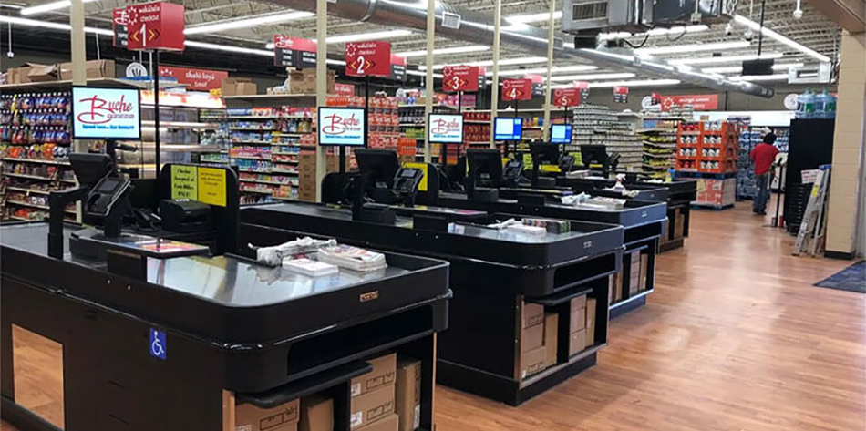 image of checkout stands at Buche Foods Pine Ridge, South Dakota location, operated by the GF Buche Co.