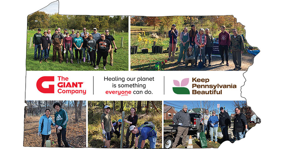 graphic of outline of state of Pennsylvania with photos from The Giant Company Healing the Planet tree planting program