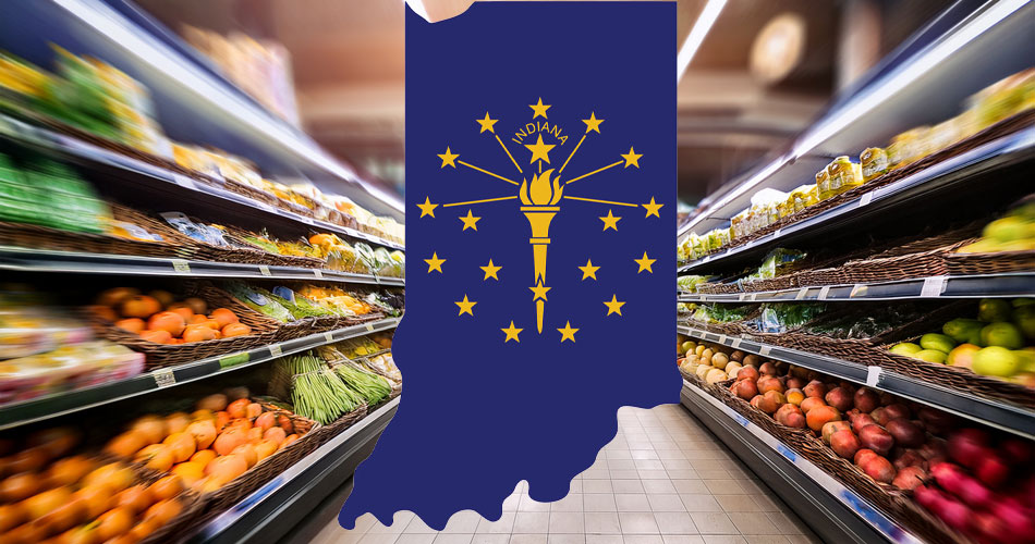 image of outline of Indiana with details from map on top of blurred grocery store produce department