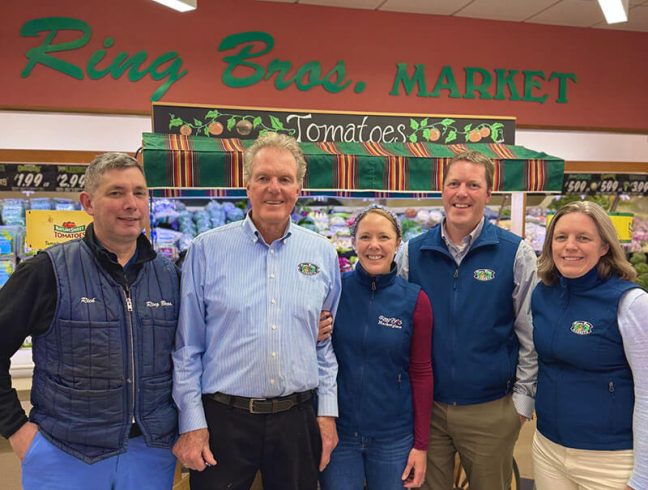 photo of The management team at Ring Bros.: Rich Mulcahy, GM-wholesale; Ed Ring, president; Jillian Campbell, brand strategist; Patrick Ring, VP-operations; and Kristin Cook, project director