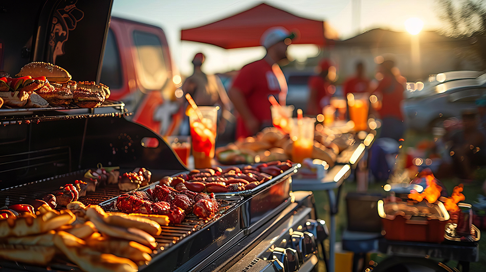 image of a barbecue tailgate party with a grill in the back of a truck, fans wearing team colors, and a variety of snacks and drinks on tables