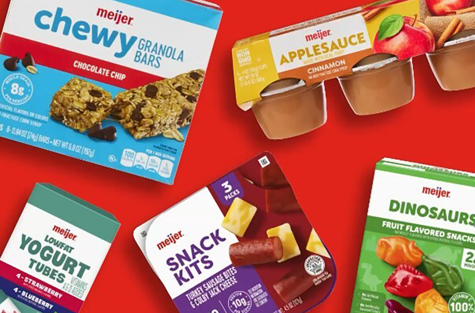Meijer brand products included in the sale are shown, including Chewy Granola Bars, Applesauce, Snack Kits, Yogurt Tubes and Fruit Snacks.