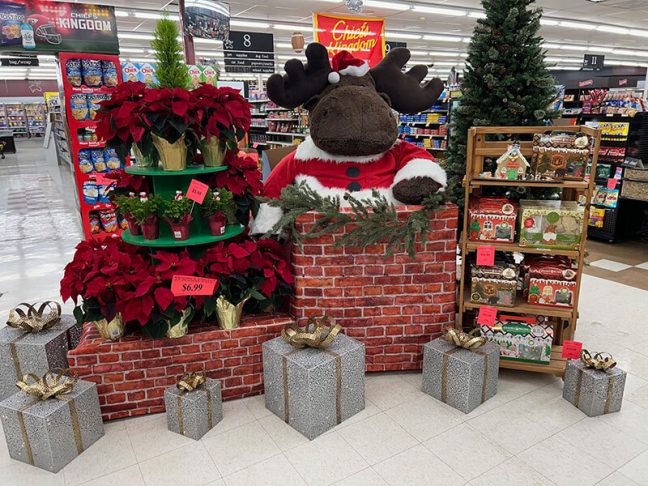 image of stuffed moose decorated for Christmas at Moose's Market