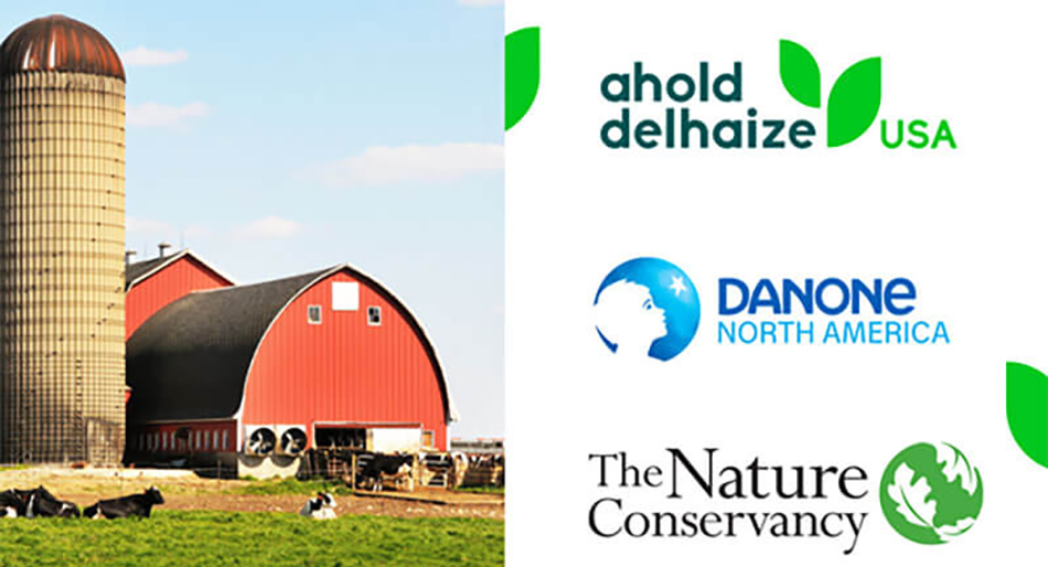 graphic with red barn and silo with logos of Ahold Delhaize USA, Danone and The Nature Conservancy