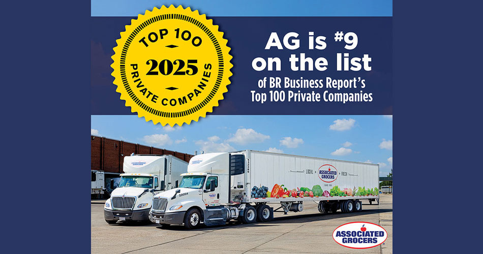 graphic image of Associated Grocers trucks with Top 100 logo