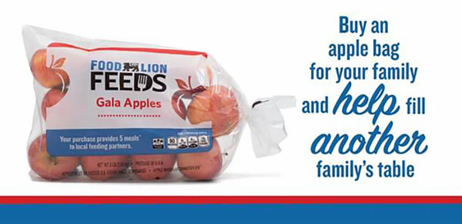 graphic showing image of Gala apple bag as part of Food Lion Feeds annual campaign