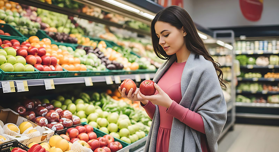 image of women holding and comparing two apples in grocery store produce department in front of fruit display