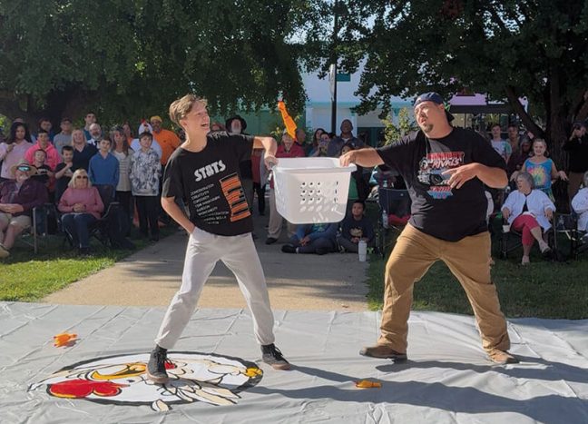 photo of Chester’s Chicken Chuck winners Andrew Moore and Liam Ruple of The Mighty Clucks team