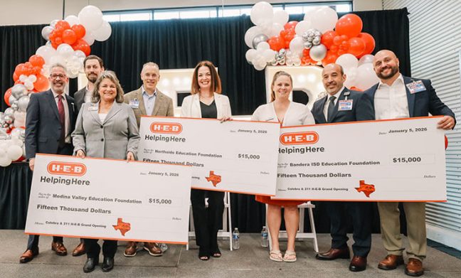photo of big check presentations to charities at new H-E-B store in San Antonio