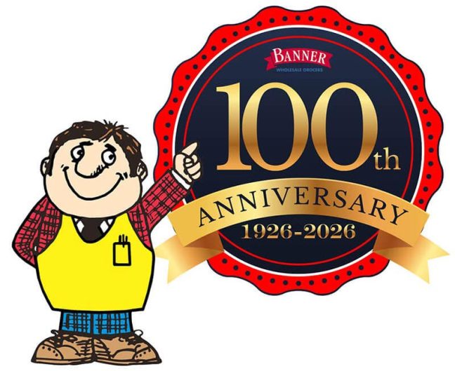 Banner Wholesale Grocers 100th anniversary logo