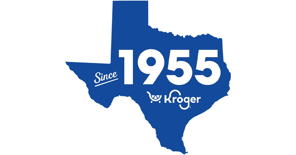 Kroger Texas anniversary logo blue outline of state with Since 1955 Kroger in white letters