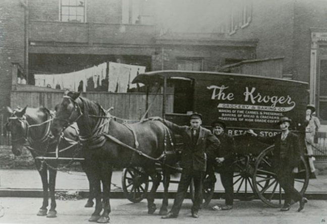 old black and white photo of horse-drawn Kroger wagon