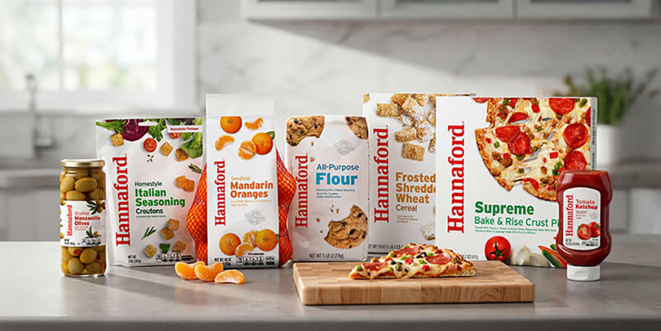 photo of several Hannaford private brands packages sitting on kitchen counter