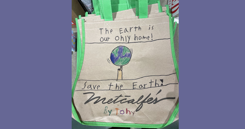 photo of Metcalfe's Market reusable bag decorated for Earth Day by local elementary student