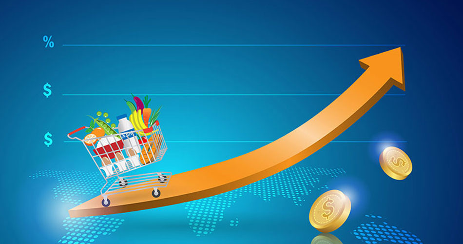 image of grocery basket on upward arrow illustrating rising food costs