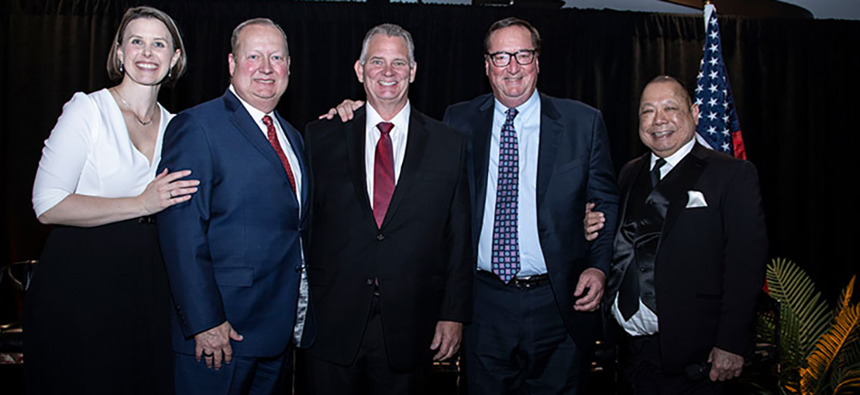 photo of Brianne Page, CGAEF; CGA Hall of Achievement inductees Shane Sampson, Jim Perkins and Herb Smith; and Ron Fong, CGA
