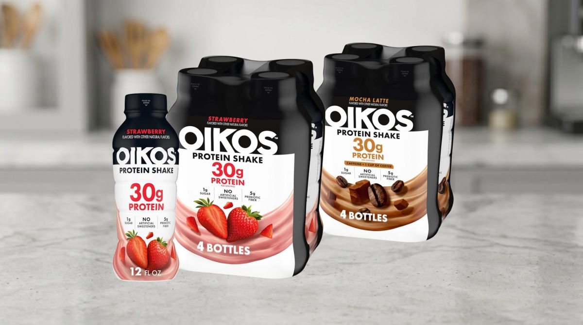 Oikos Protein Shakes on a counter