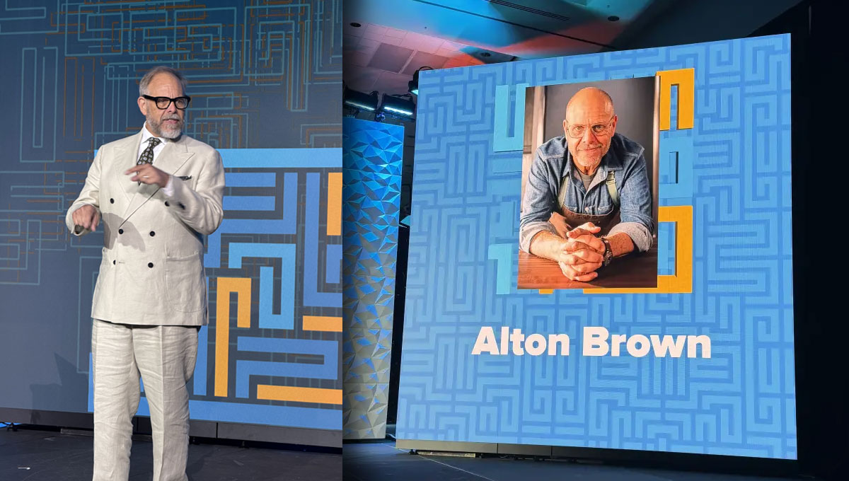 Alton Brown on stage At IDDBA 2026