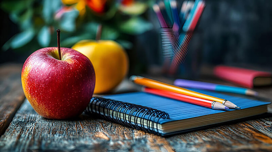 image of apples, notebook and pencils on desk for back to school