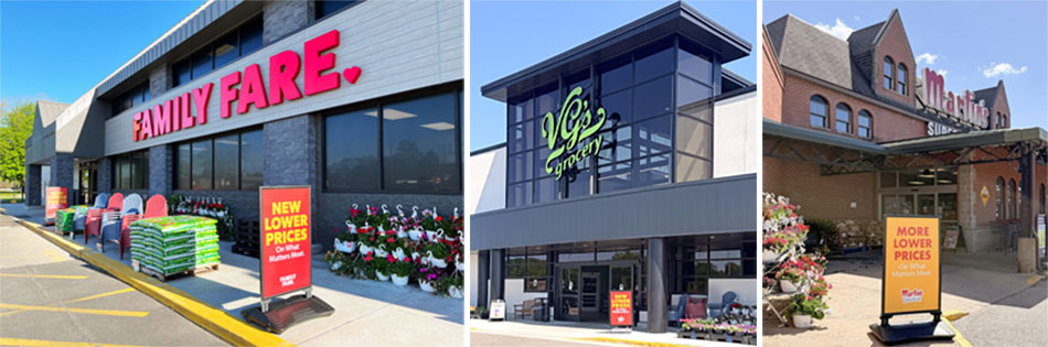 compilation photo of exteriors of Family Fare, VG's and Martin's storefronts