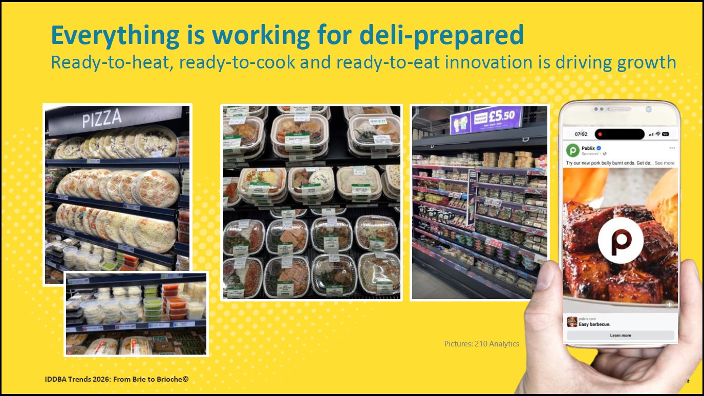 Grocery deli case filled with prepared meals and ready-to-eat entrees.