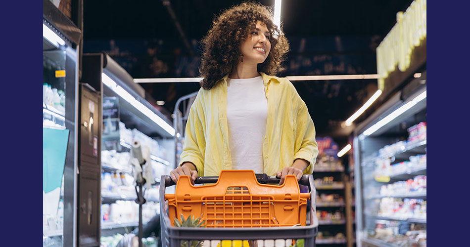 Gen Z shopper with grocery cart in aisle