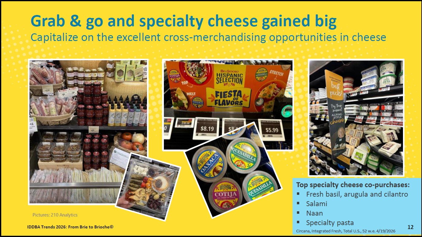 Specialty cheese case cross-merchandised with complementary deli items.