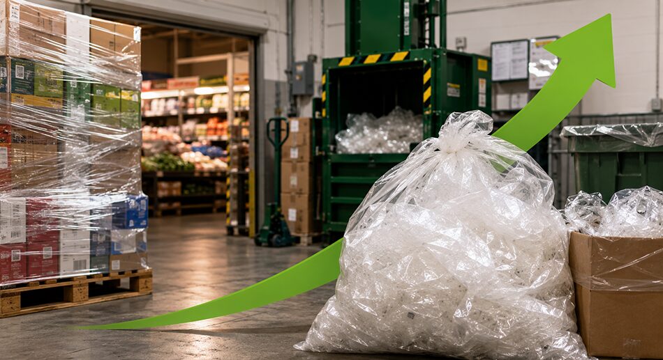 image of trash bag filled with flexible film in back room of grocery store